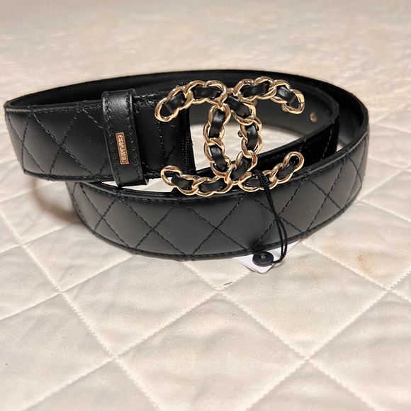 CHANEL ❤️‍?BLACK QUILTED NEW CC LOGO GOLD BUCKLE BELT size 85 main image 10